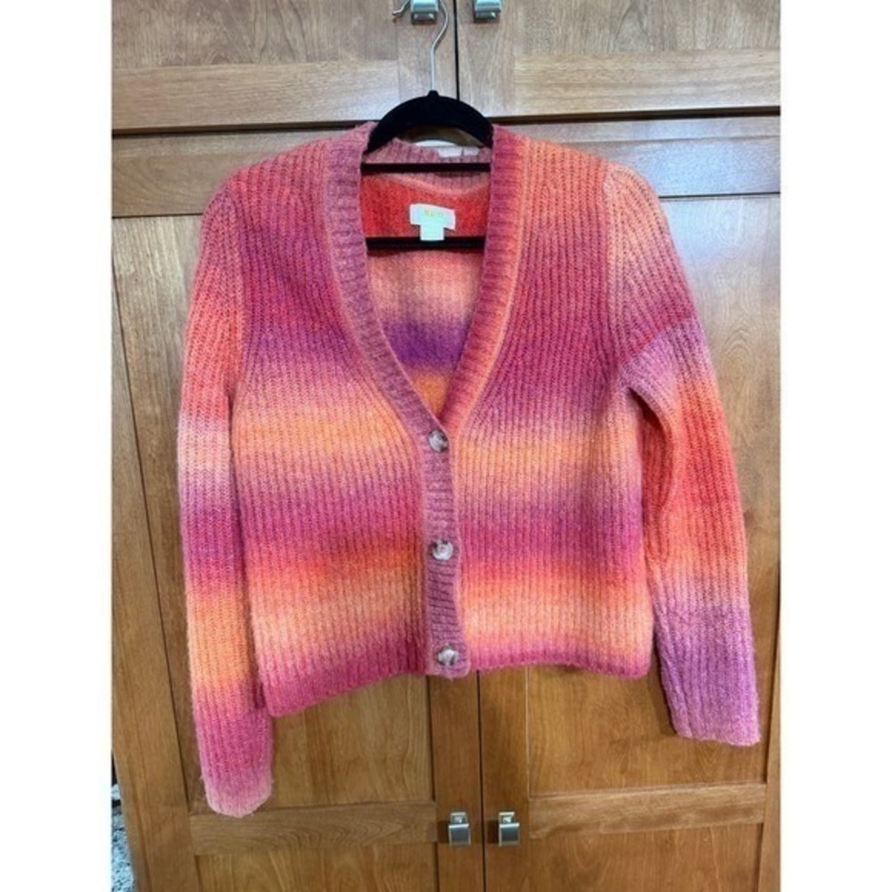 Maeve Anthropologie Ombre Knit Cardigan Sweater Sunset Pink Orange Wool Blend XS
